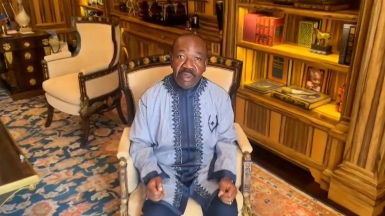 This video grab made from an unconfirmed video at an undisclosed location obtained by AFPTV on August 30, 2023 shows Gabon's deposed president, Ali Bongo Ondimba, calling on "his friends around the world to make some noise" while under house arrest. - Rebel officers in the oil-rich central African state of Gabon announced on August 30, 2023 they had seized power following disputed elections in which President Ali Bongo Ondimba, in power since 2009, had been declared victor. Bongo, 64, whose family has ruled Gabon for over 55 years, was placed under house arrest and one of his sons arrested for treason, the coup leaders said. (Photo by - / UNKNOWN SOURCE / AFP) / RESTRICTED TO EDITORIAL USE - MANDATORY CREDIT "AFP PHOTO / " - NO MARKETING NO ADVERTISING CAMPAIGNS - DISTRIBUTED AS A SERVICE TO CLIENTS - RESTRICTED TO EDITORIAL USE - MANDATORY CREDIT "AFP PHOTO / " - NO MARKETING NO ADVERTISING CAMPAIGNS - DISTRIBUTED AS A SERVICE TO CLIENTS /